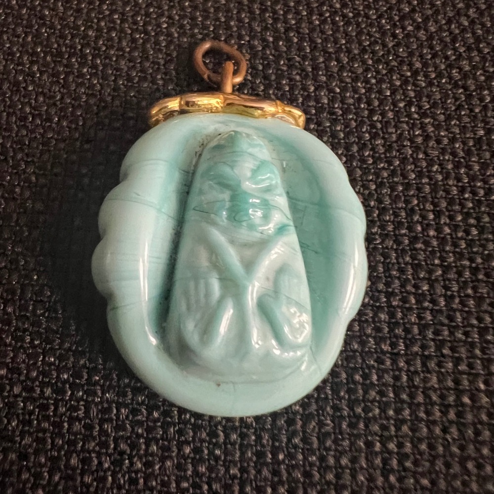 Vintage Carved Buddha Pendant Teal Glass Charm Size 1.25" Zen